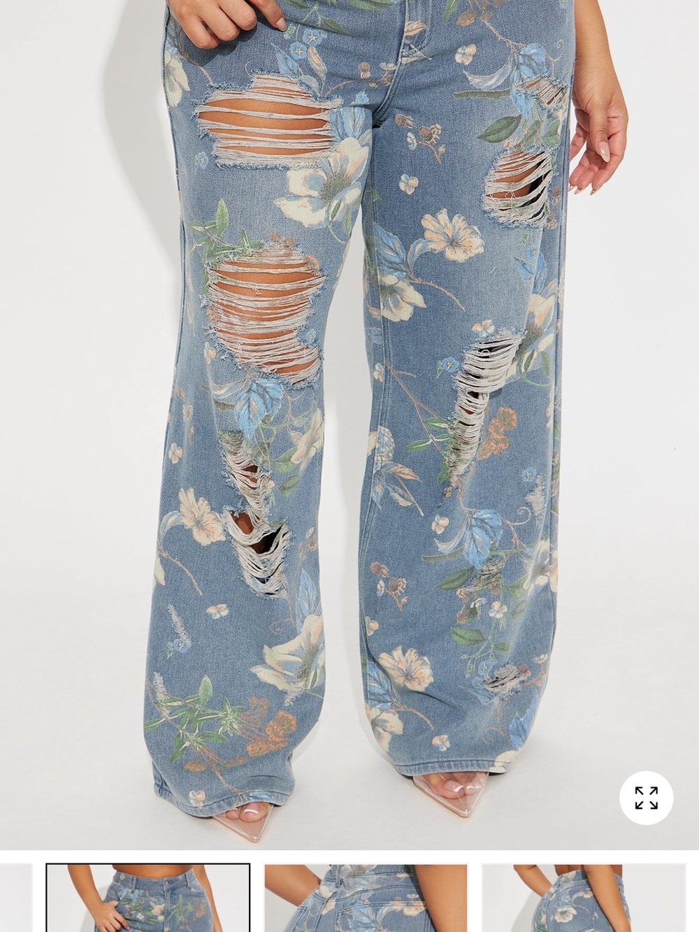 Floral Distressed Wide-Leg Jeans - Blue Size 15